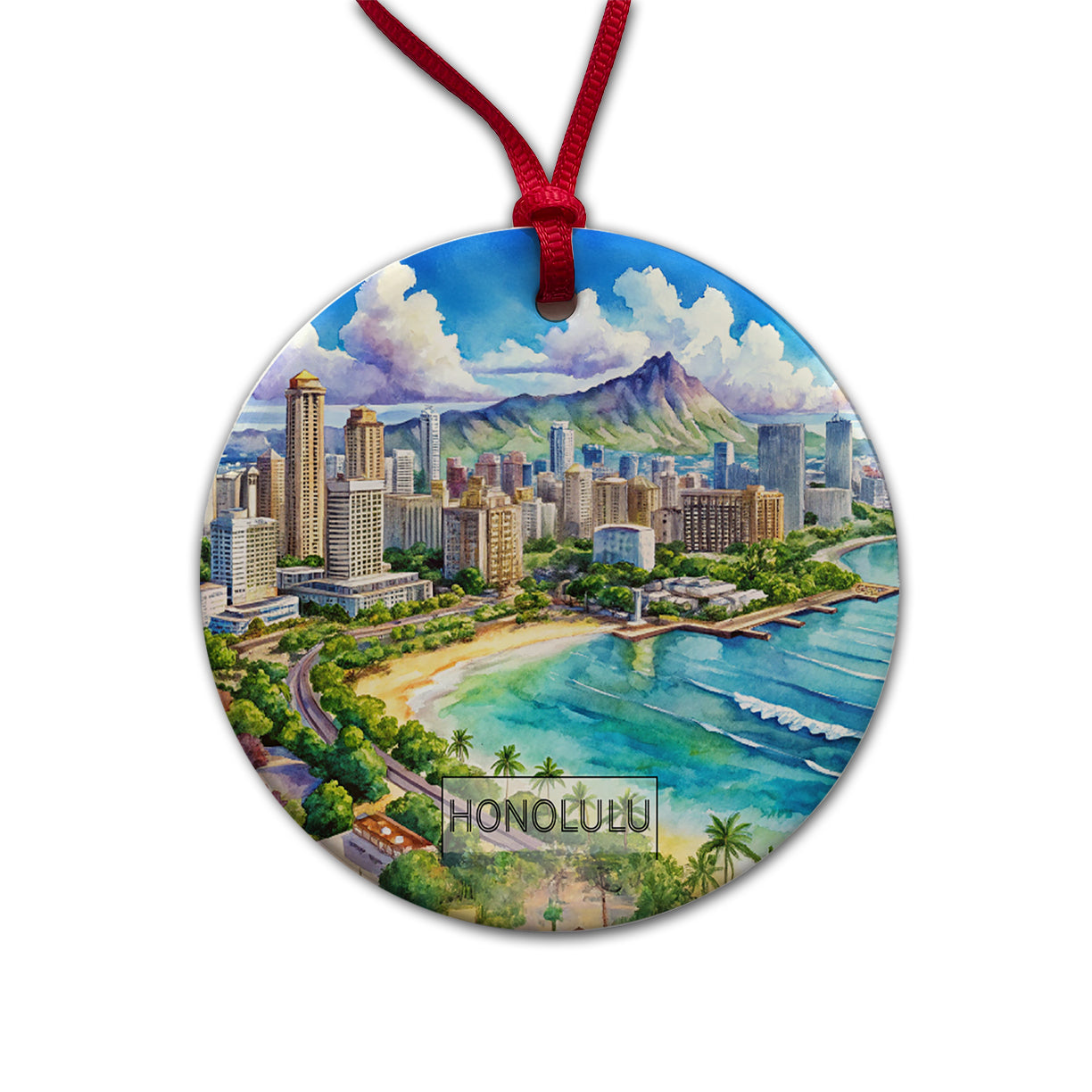 Honolulu Hawaii Travel City Watercolor Round Ceramic Holiday Christmas Tree Ornament