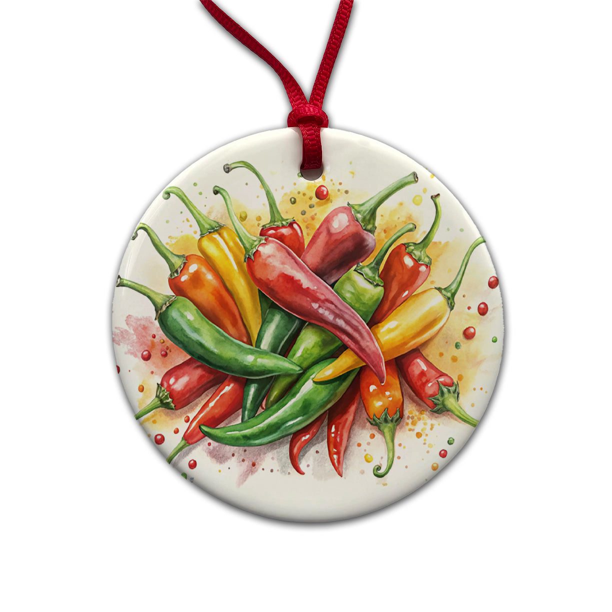 Hot Peppers Jalapenos Spicy Watercolor Round Ceramic Holiday Christmas Tree Ornament