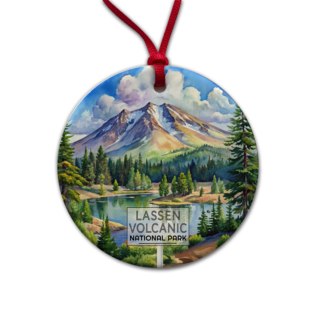 Lassen Volcanic National Park California Watercolor Round Ceramic Holiday Christmas Tree Ornament
