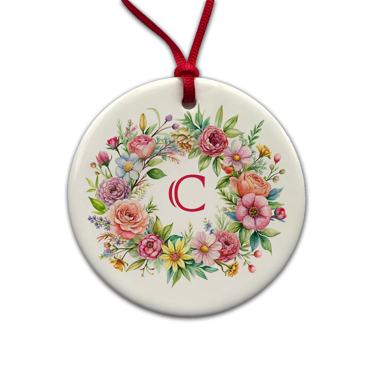 Letter C Initial Monogram Flowers Floral Round Ceramic Holiday Christmas Tree Ornament