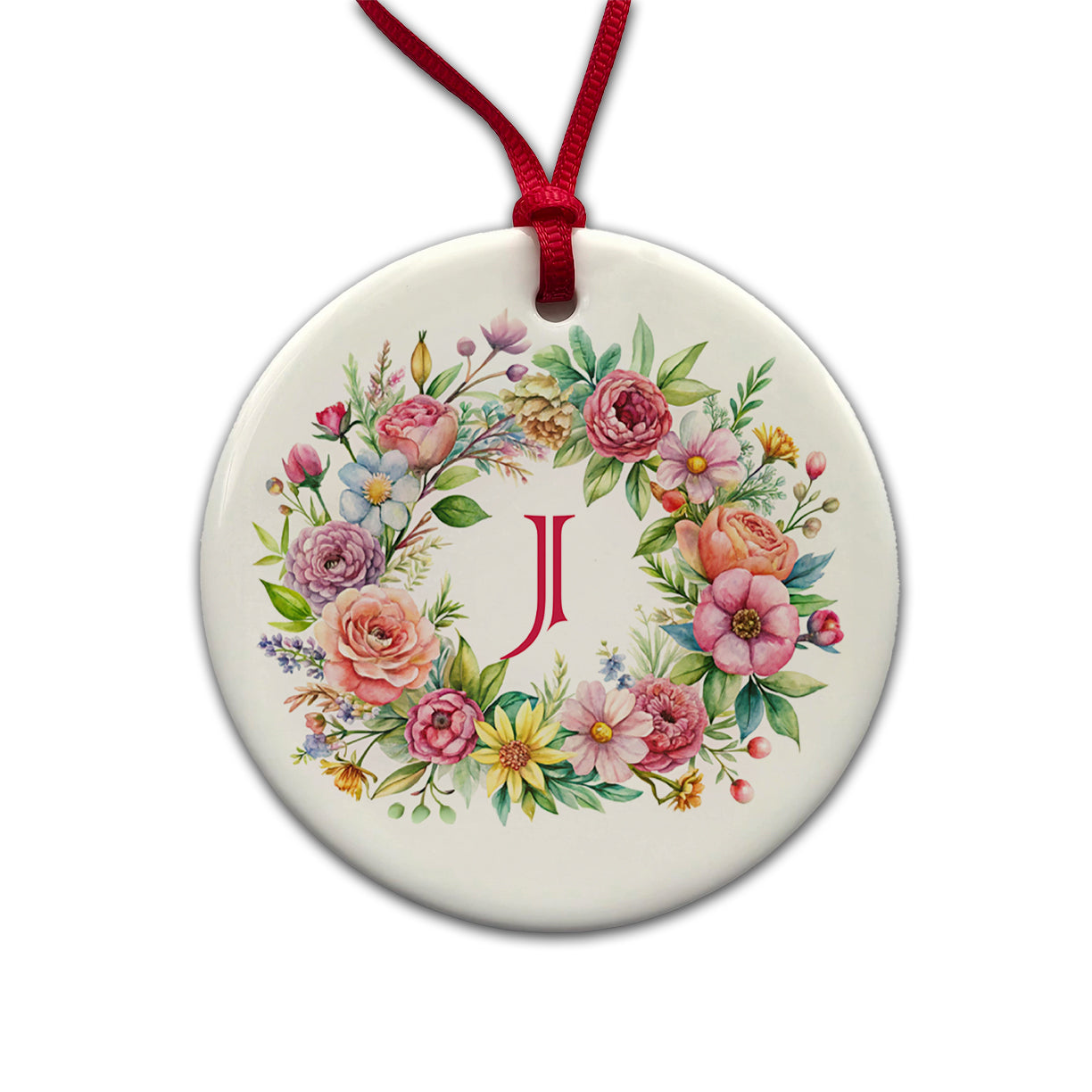 Letter J Initial Monogram Flowers Floral Round Ceramic Holiday Christmas Tree Ornament