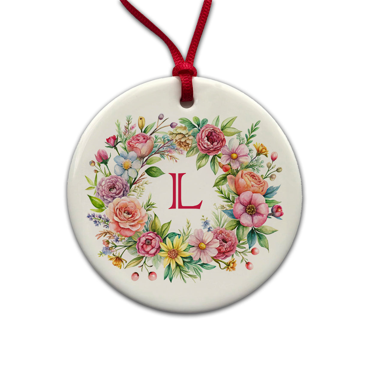 Letter L Initial Monogram Flowers Floral Round Ceramic Holiday Christmas Tree Ornament