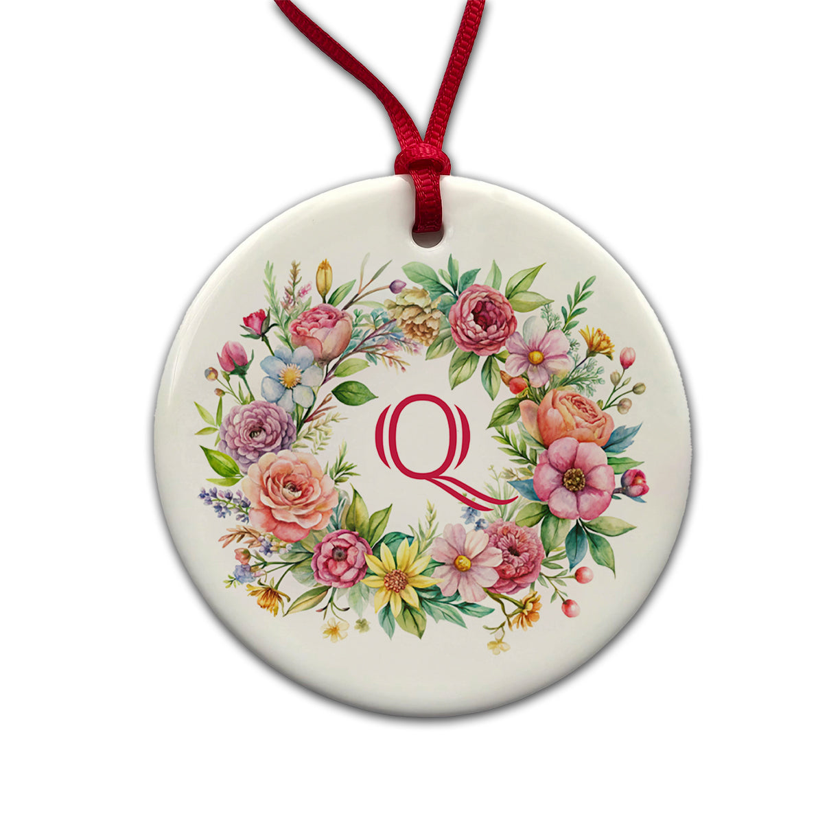Letter Q Initial Monogram Flowers Floral Round Ceramic Holiday Christmas Tree Ornament