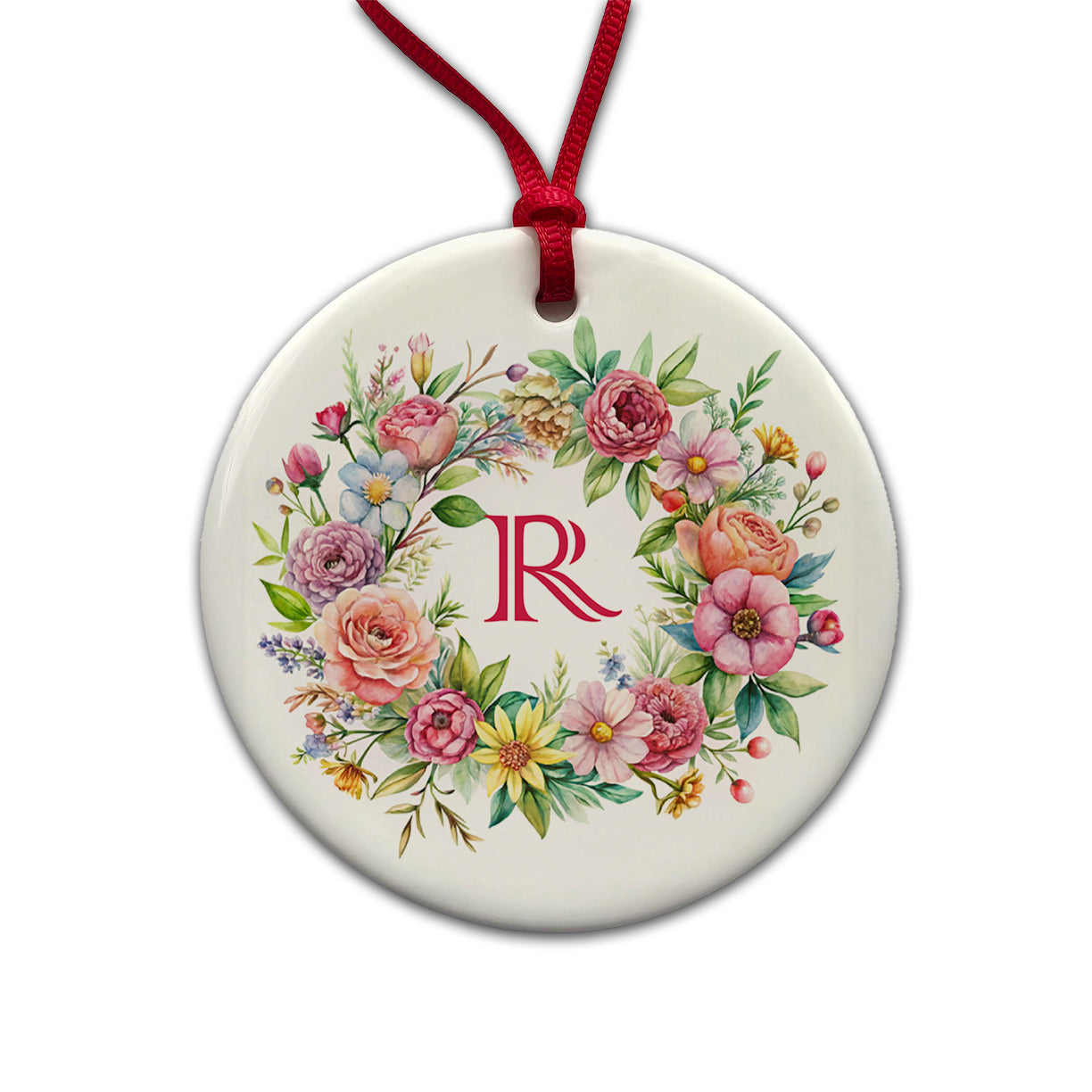 Letter R Initial Monogram Flowers Floral Round Ceramic Holiday Christmas Tree Ornament