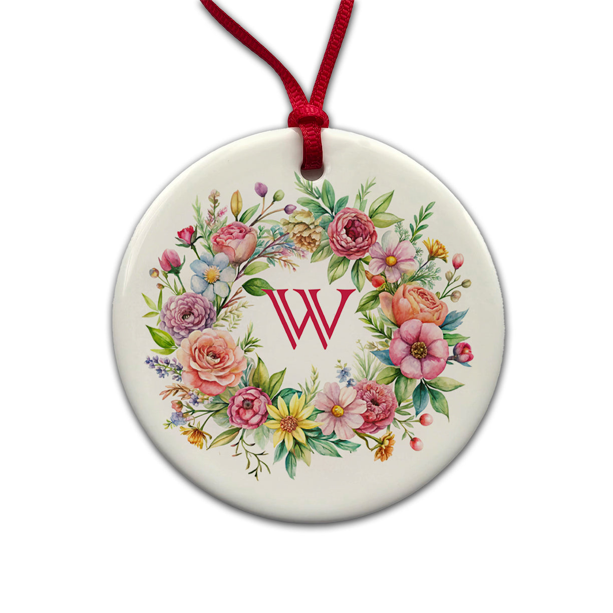 Letter W Initial Monogram Flowers Floral Round Ceramic Holiday Christmas Tree Ornament