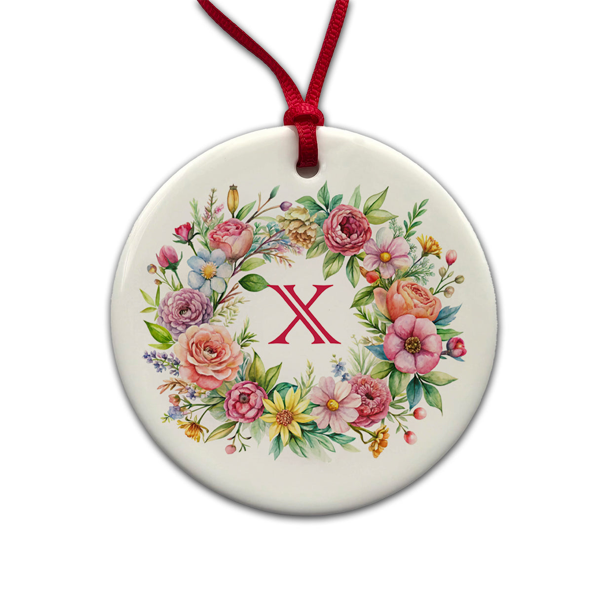 Letter X Initial Monogram Flowers Floral Round Ceramic Holiday Christmas Tree Ornament