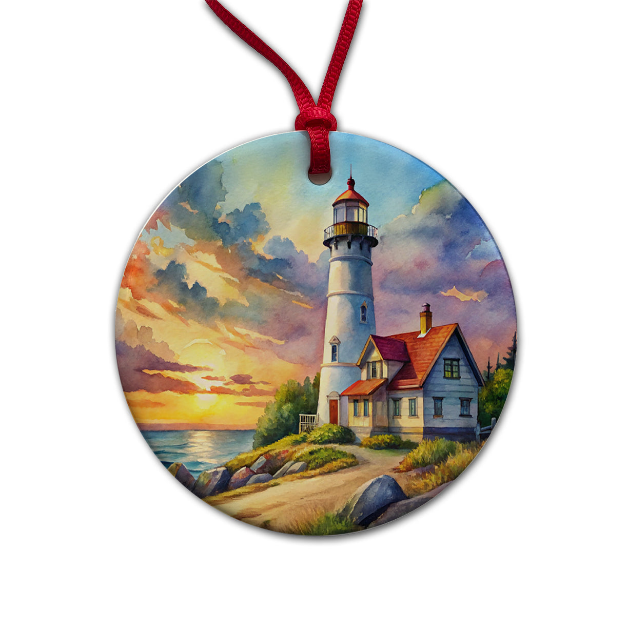 Lighthouse Beautiful Sky Watercolor Round Ceramic Holiday Christmas Tree Ornament