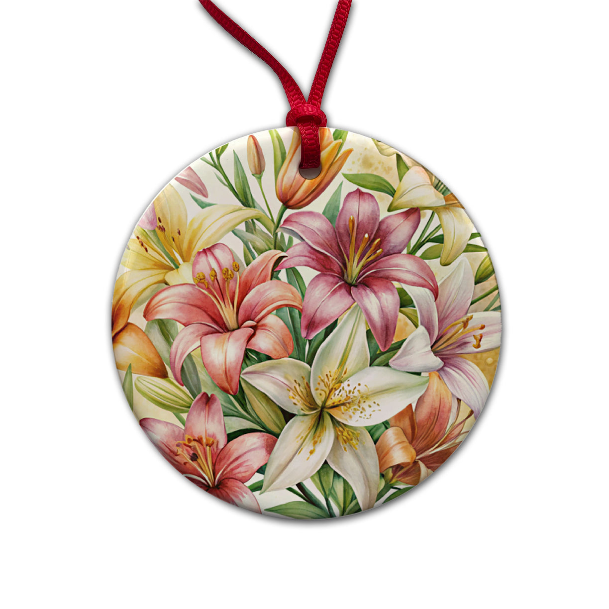 Lilies Lily Flower Watercolor Round Ceramic Holiday Christmas Tree Ornament