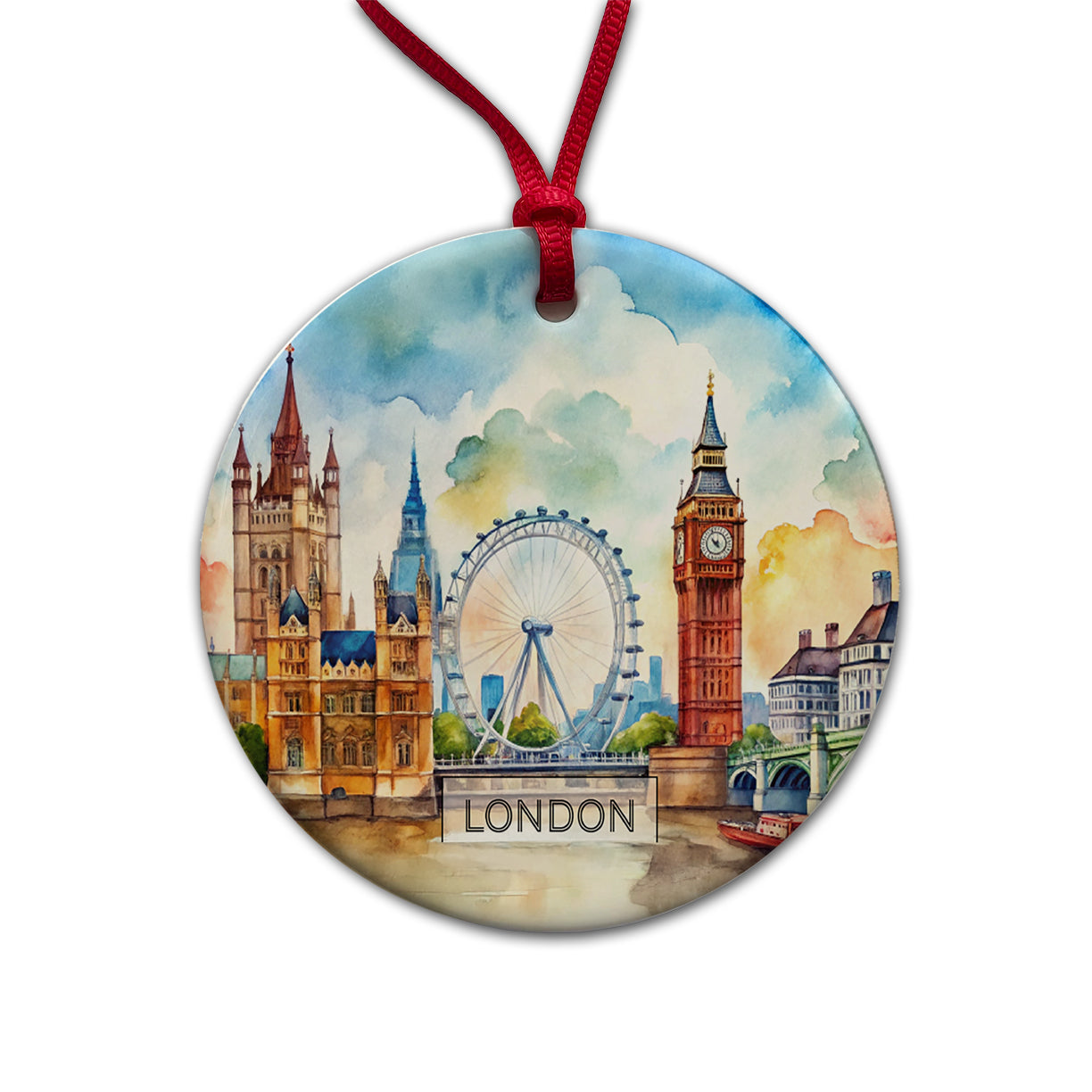 London England Travel City Watercolor Round Ceramic Holiday Christmas Tree Ornament