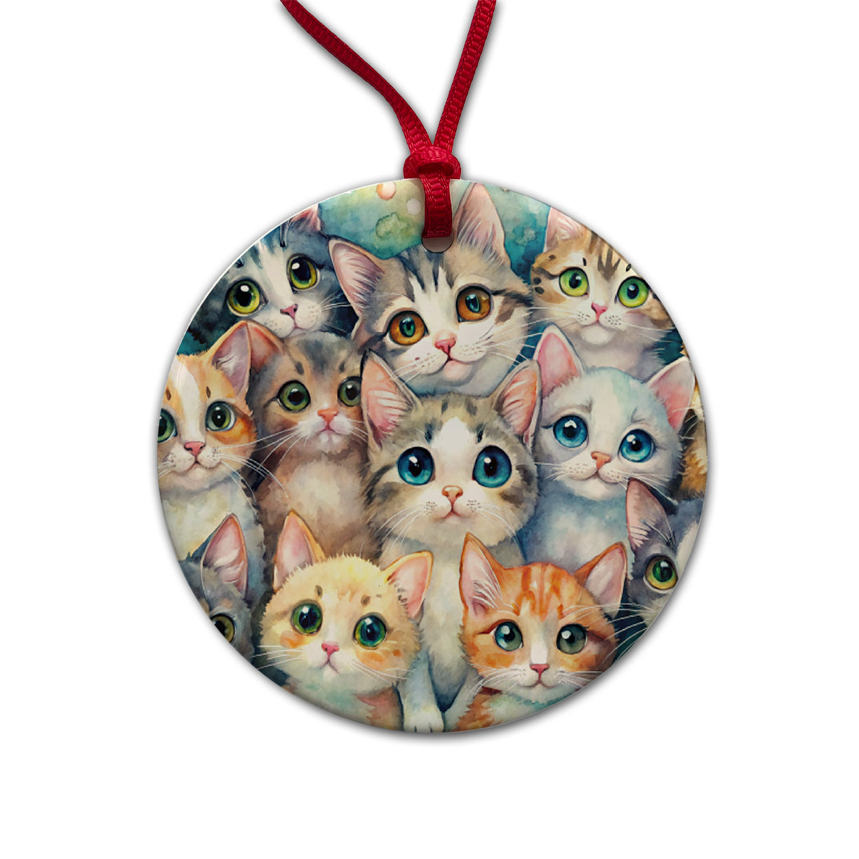 Lots Of Adorable Cats Watercolor Round Ceramic Holiday Christmas Tree Ornament
