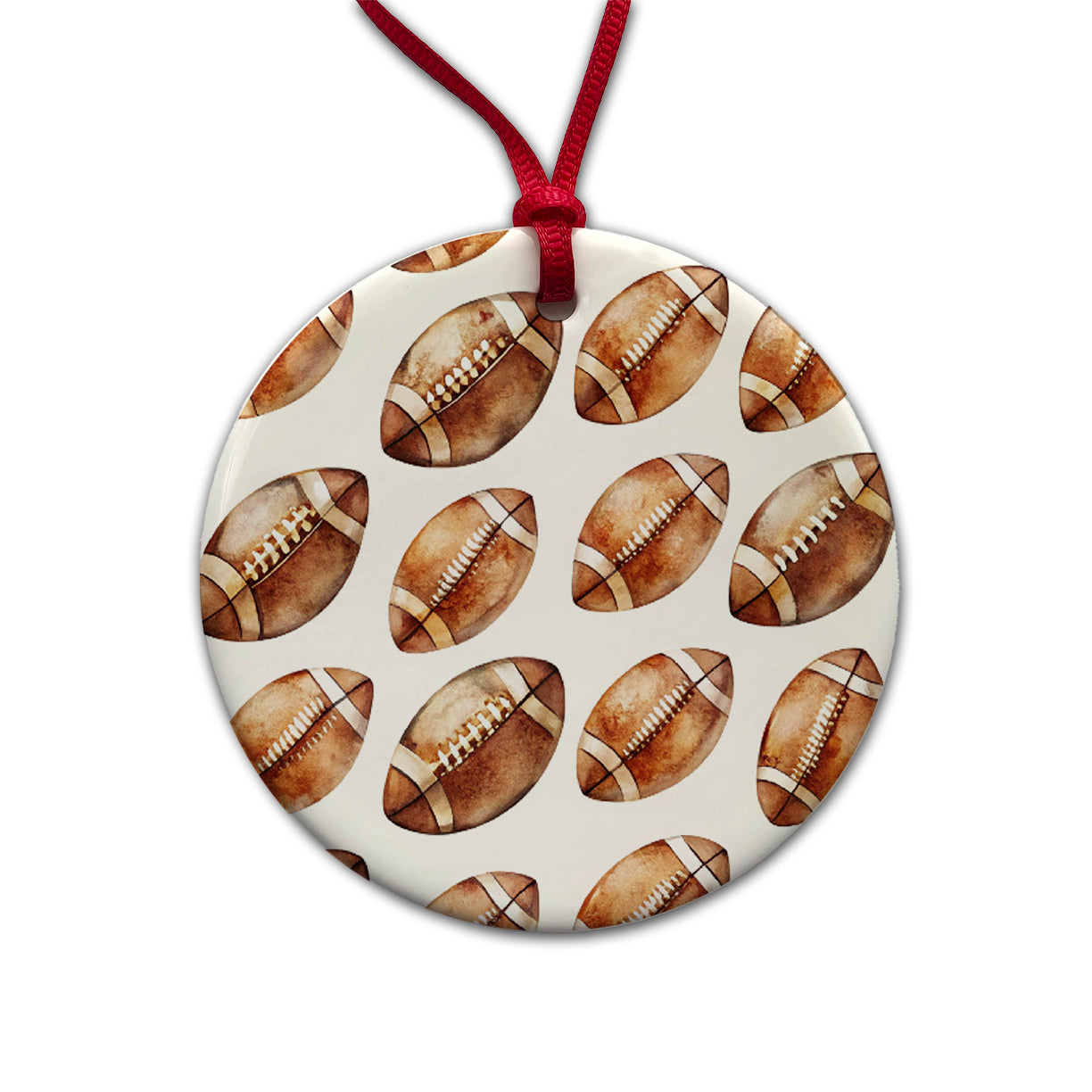 Lots Of Brown Footballs Round Ceramic Holiday Christmas Tree Ornament