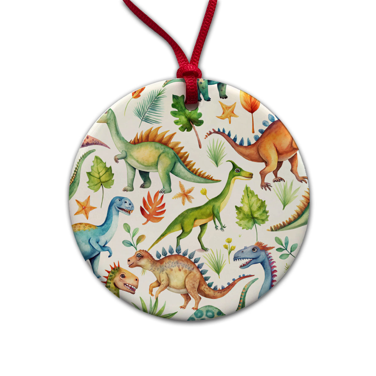 Lots Of Dinosaurs Watercolor Round Ceramic Holiday Christmas Tree Ornament