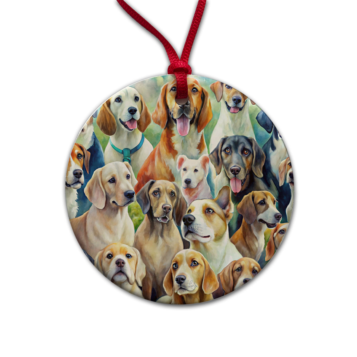 Lots Of Dogs Watercolor Round Ceramic Holiday Christmas Tree Ornament