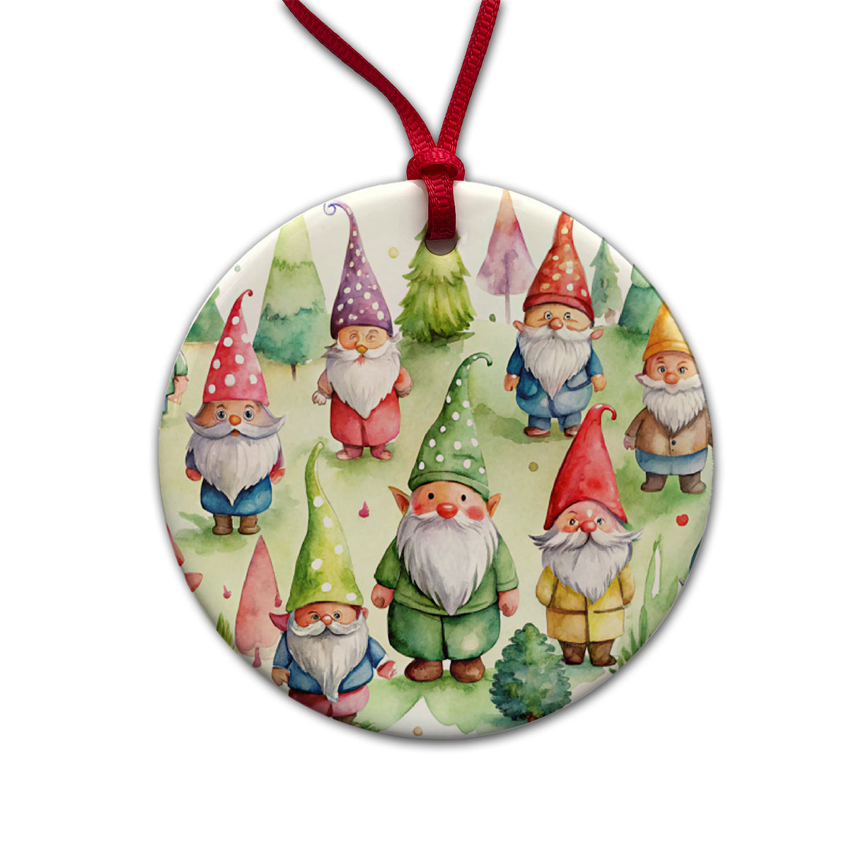Lots Of Gnomes Watercolor Round Ceramic Holiday Christmas Tree Ornament