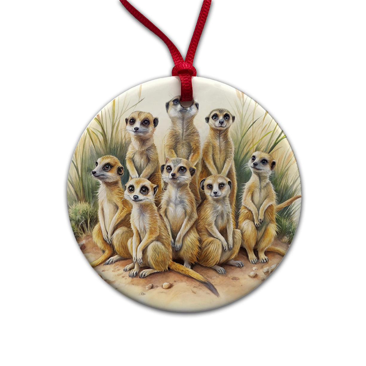 Lots Of Meerkats Watercolor Round Ceramic Holiday Christmas Tree Ornament