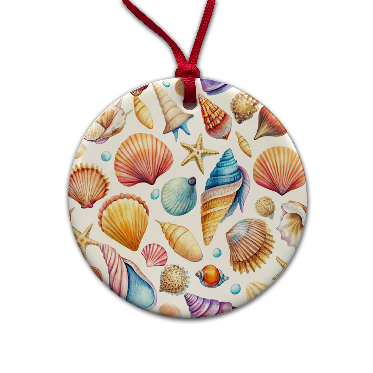 Lots Of Shells Beach Ocean Round Ceramic Holiday Christmas Tree Ornament