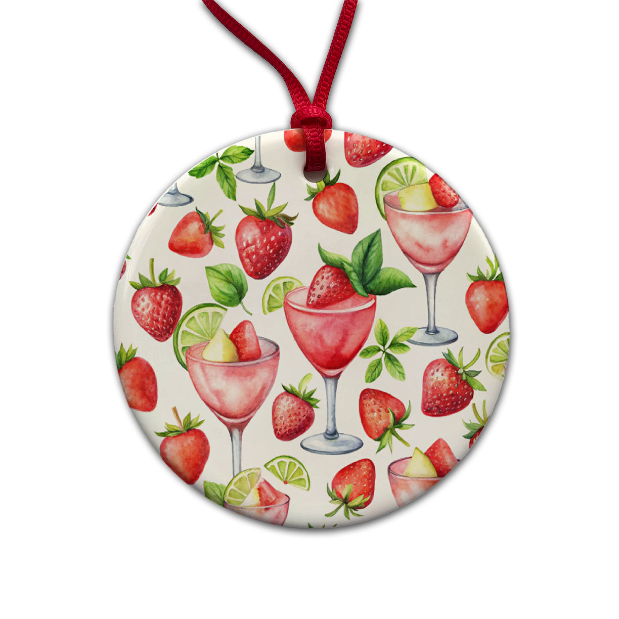 Lots Of Strawberry Daquiris Alcohol Round Ceramic Holiday Christmas Tree Ornament