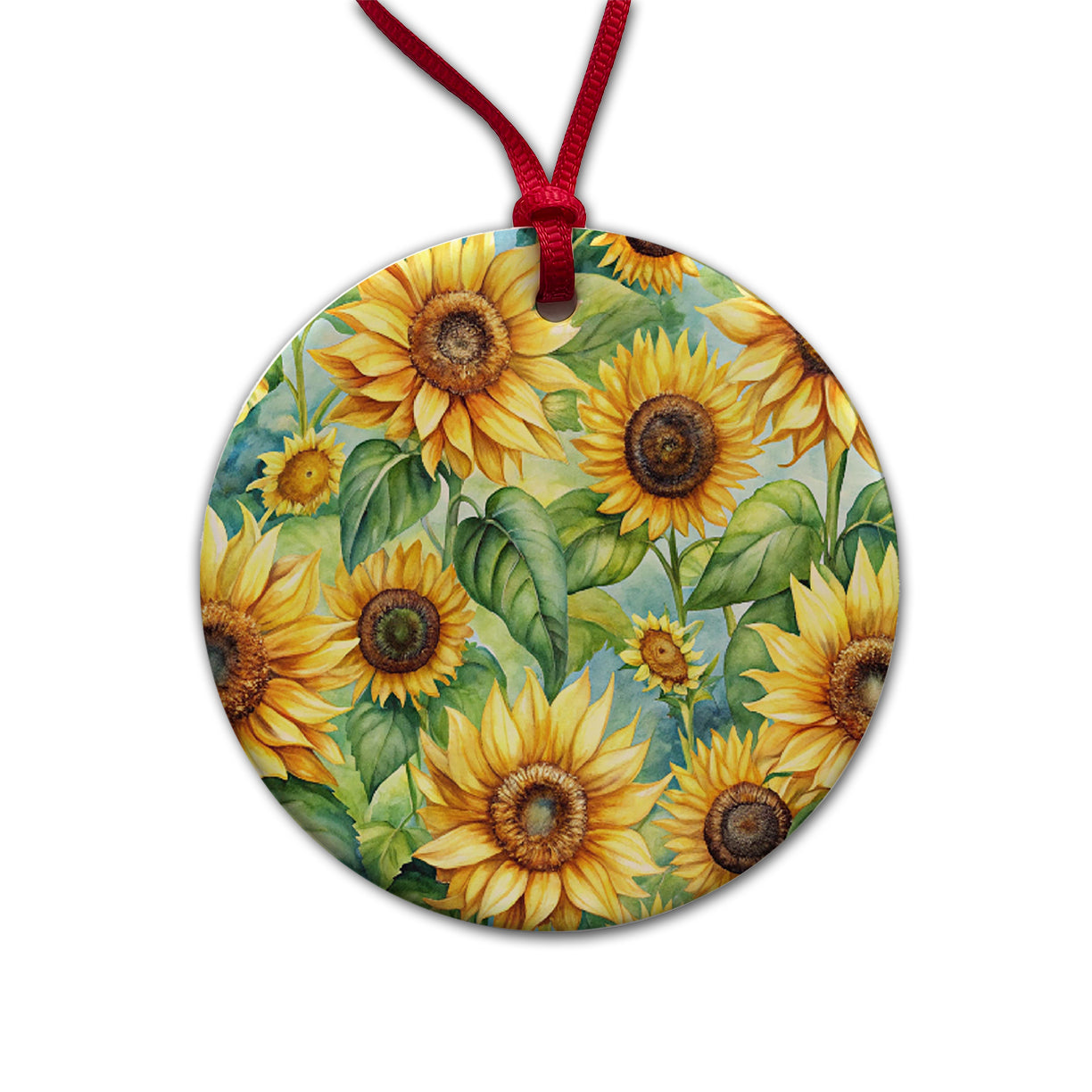 Lots Of Sunflowers Round Ceramic Holiday Christmas Tree Ornament