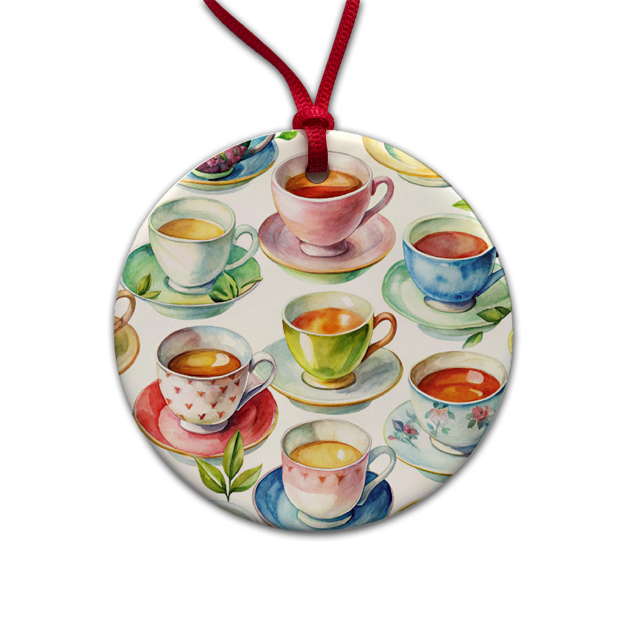 Lots Of Tea Cups Round Ceramic Holiday Christmas Tree Ornament