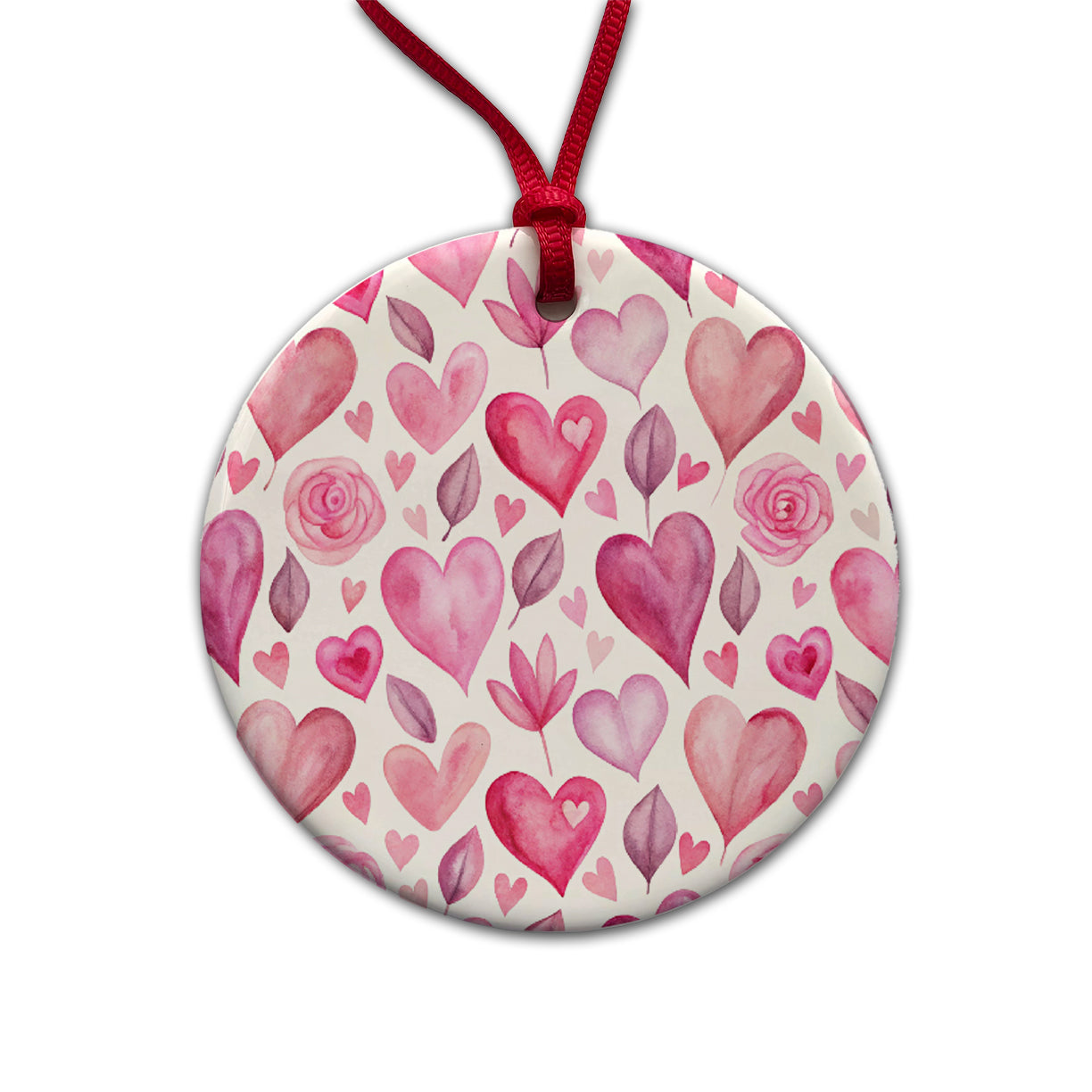 Love Pink Hearts Valentine's Day Round Ceramic Holiday Christmas Tree Ornament
