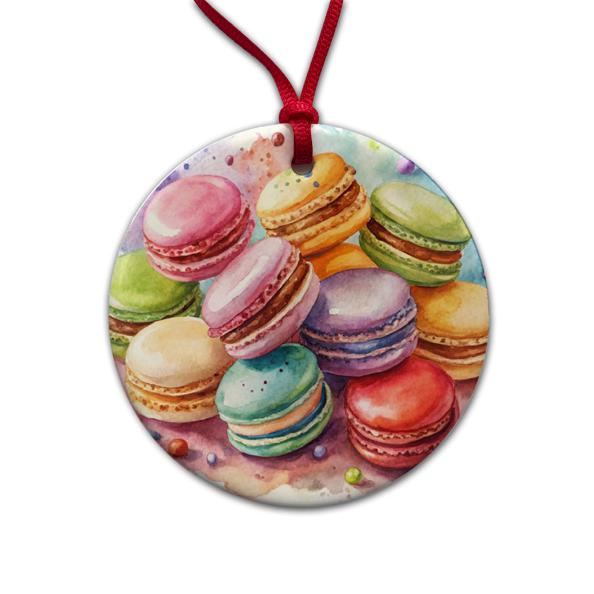 Macaron Cookies Watercolor Round Ceramic Holiday Christmas Tree Ornament