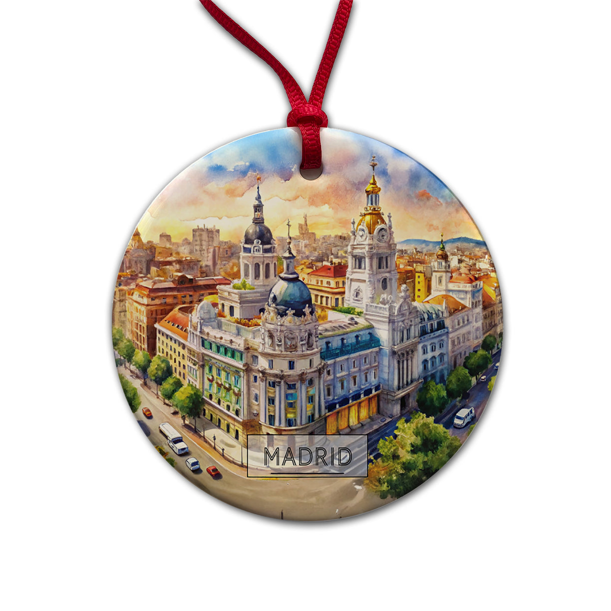 Madrid Spain Travel City Watercolor Round Ceramic Holiday Christmas Tree Ornament