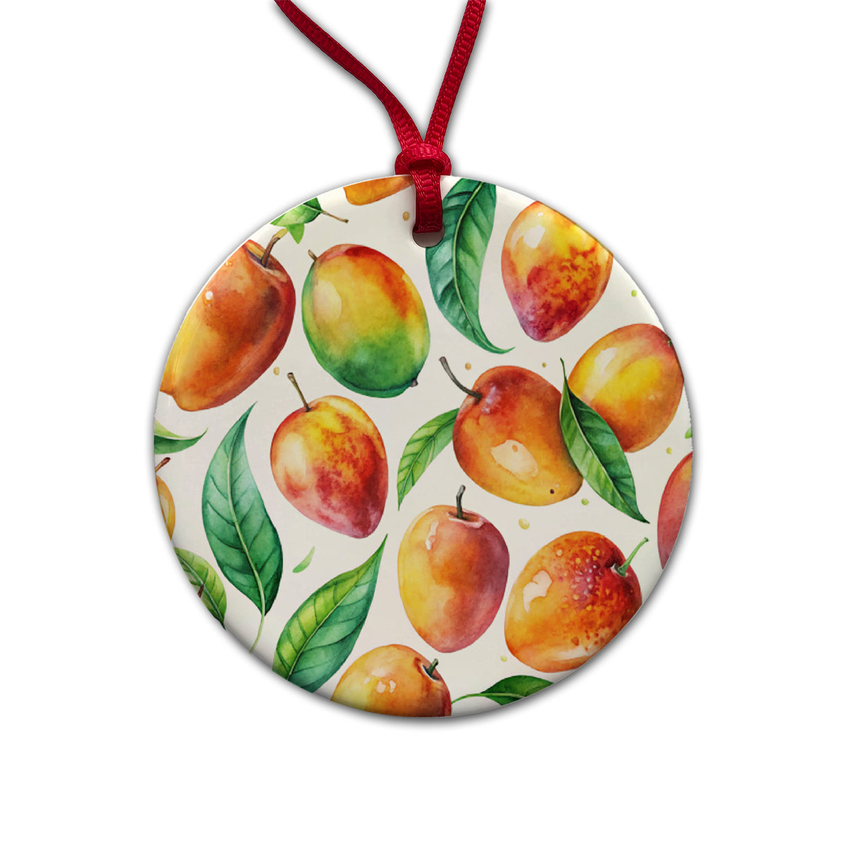 Mangos Fruit Watercolor Round Ceramic Holiday Christmas Tree Ornament