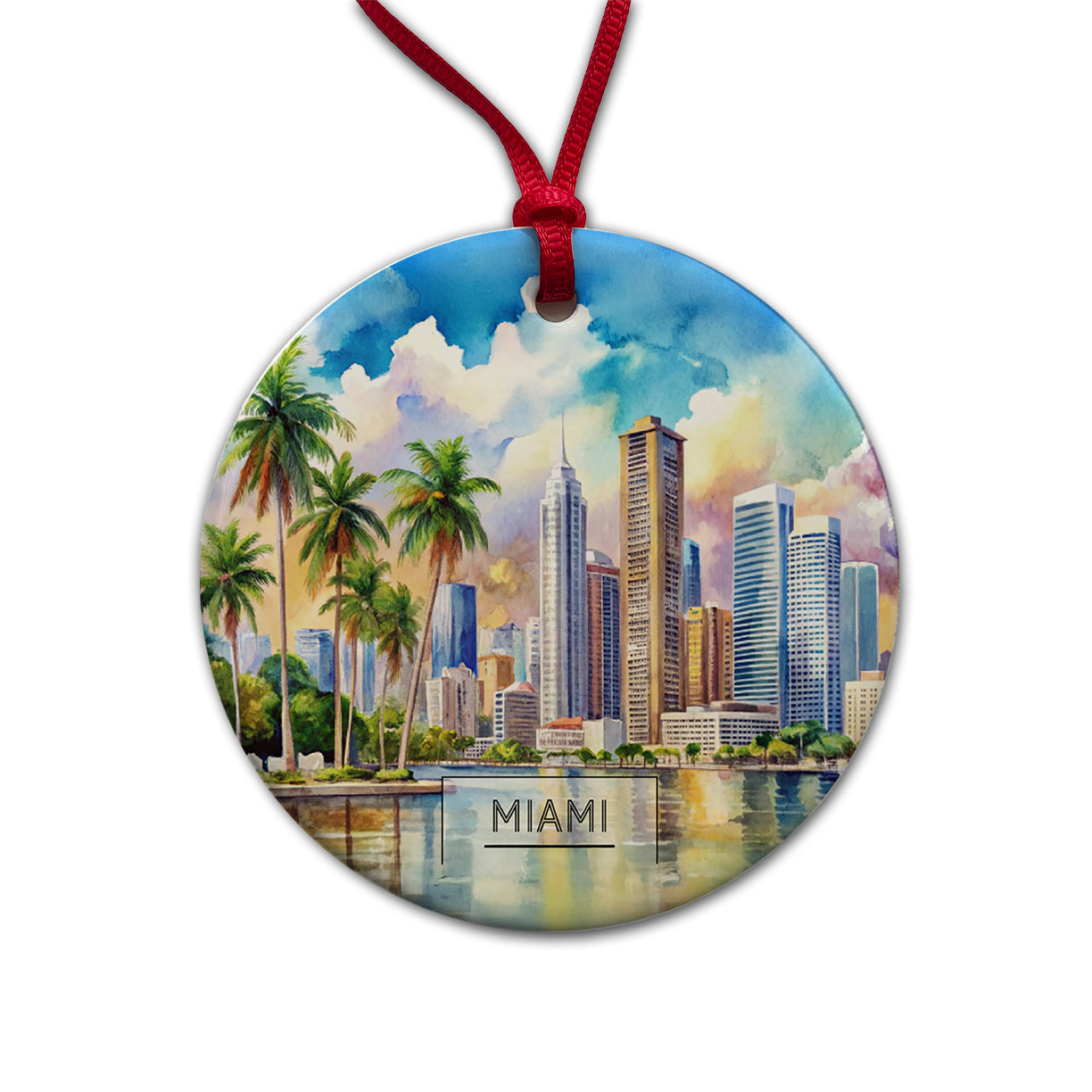 Miami Florida Travel Watercolor Round Ceramic Holiday Christmas Tree Ornament