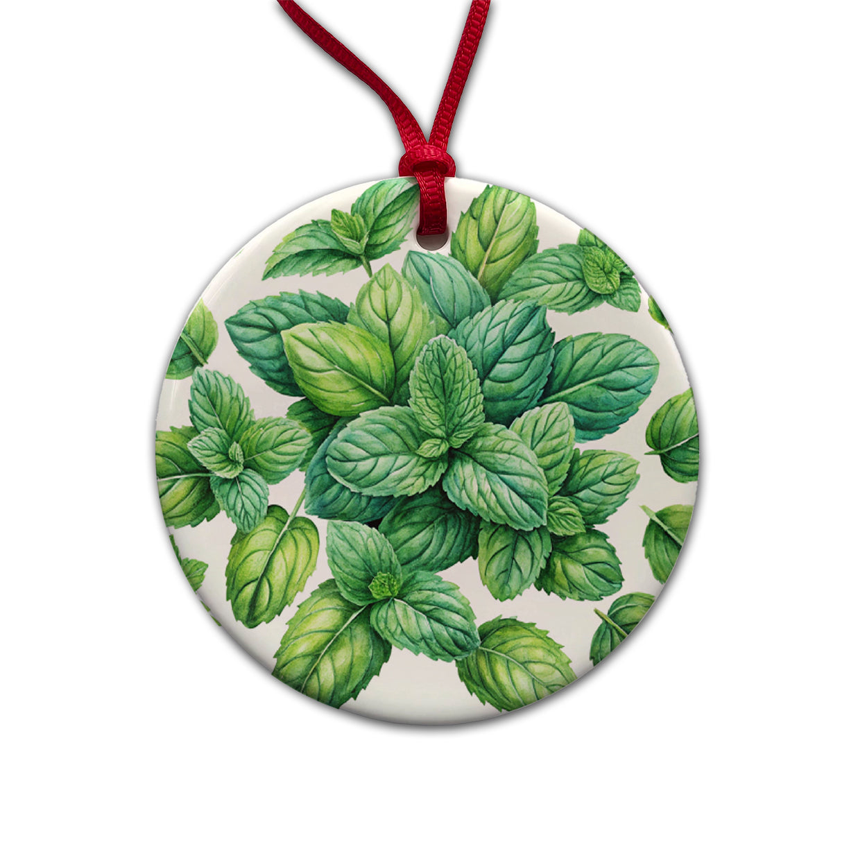 Mint Leaves Watercolor Round Ceramic Holiday Christmas Tree Ornament