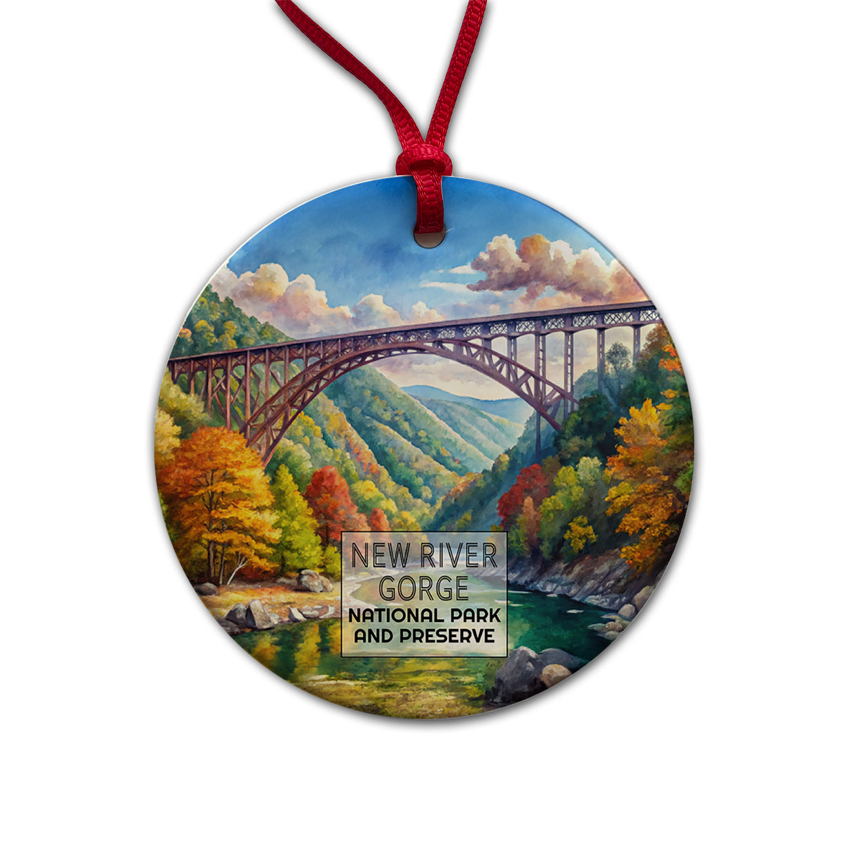 New River Gorge With Bridge National Park West Virginia Watercolor Round Ceramic Holiday Christmas Tree Ornament