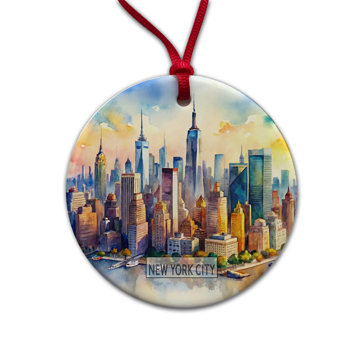 New York City NYC Travel Watercolor Round Ceramic Holiday Christmas Tree Ornament