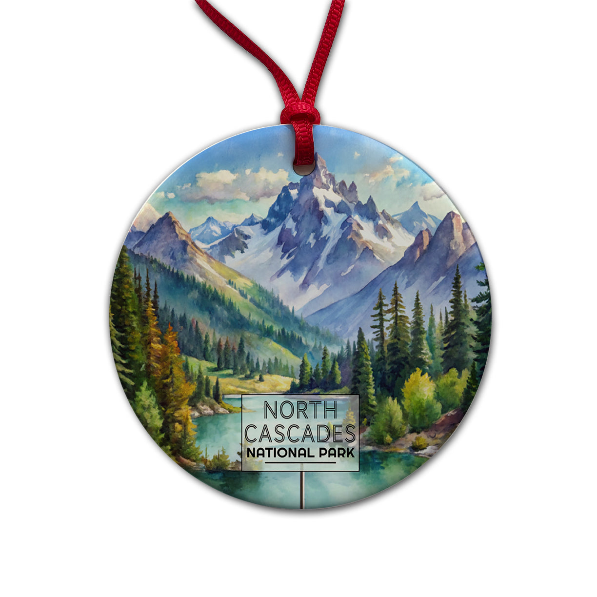 North Cascades National Park Washington Watercolor Round Ceramic Holiday Christmas Tree Ornament