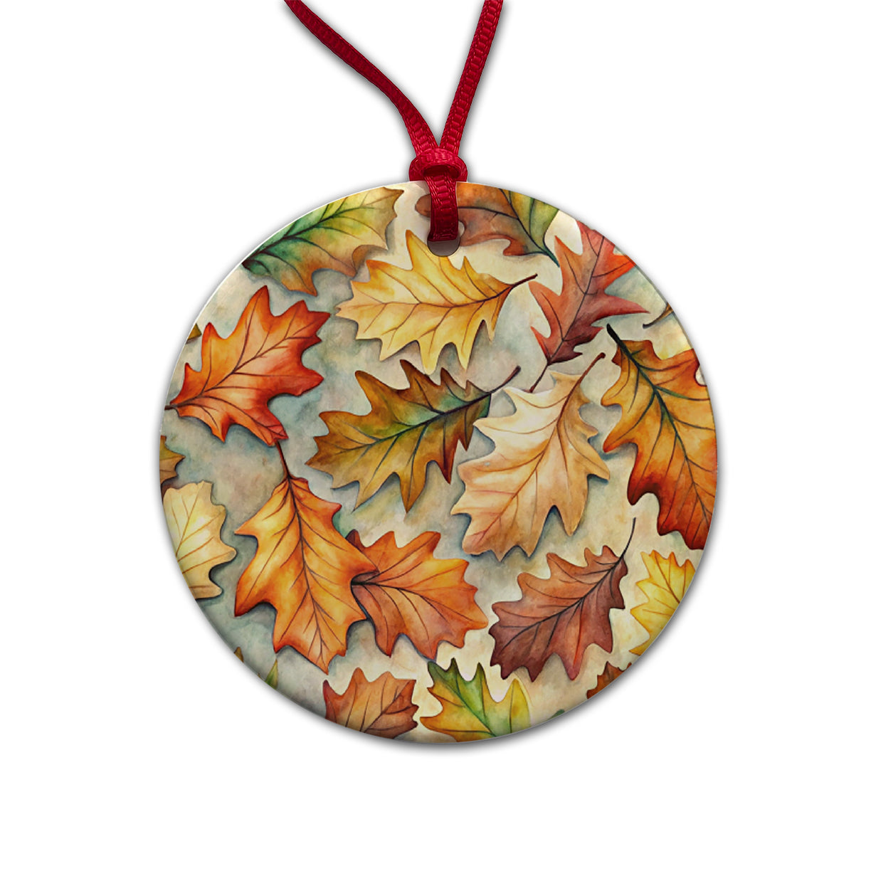 Oak Leaves Watercolor Round Ceramic Holiday Christmas Tree Ornament