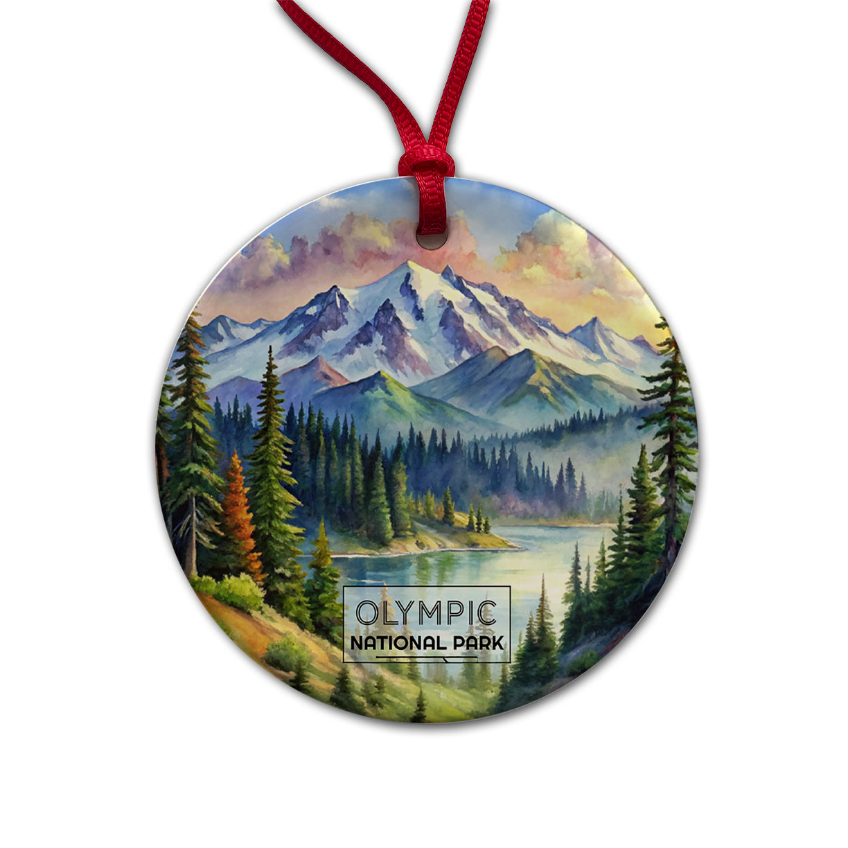 Olympic National Park Washington Watercolor Round Ceramic Holiday Christmas Tree Ornament