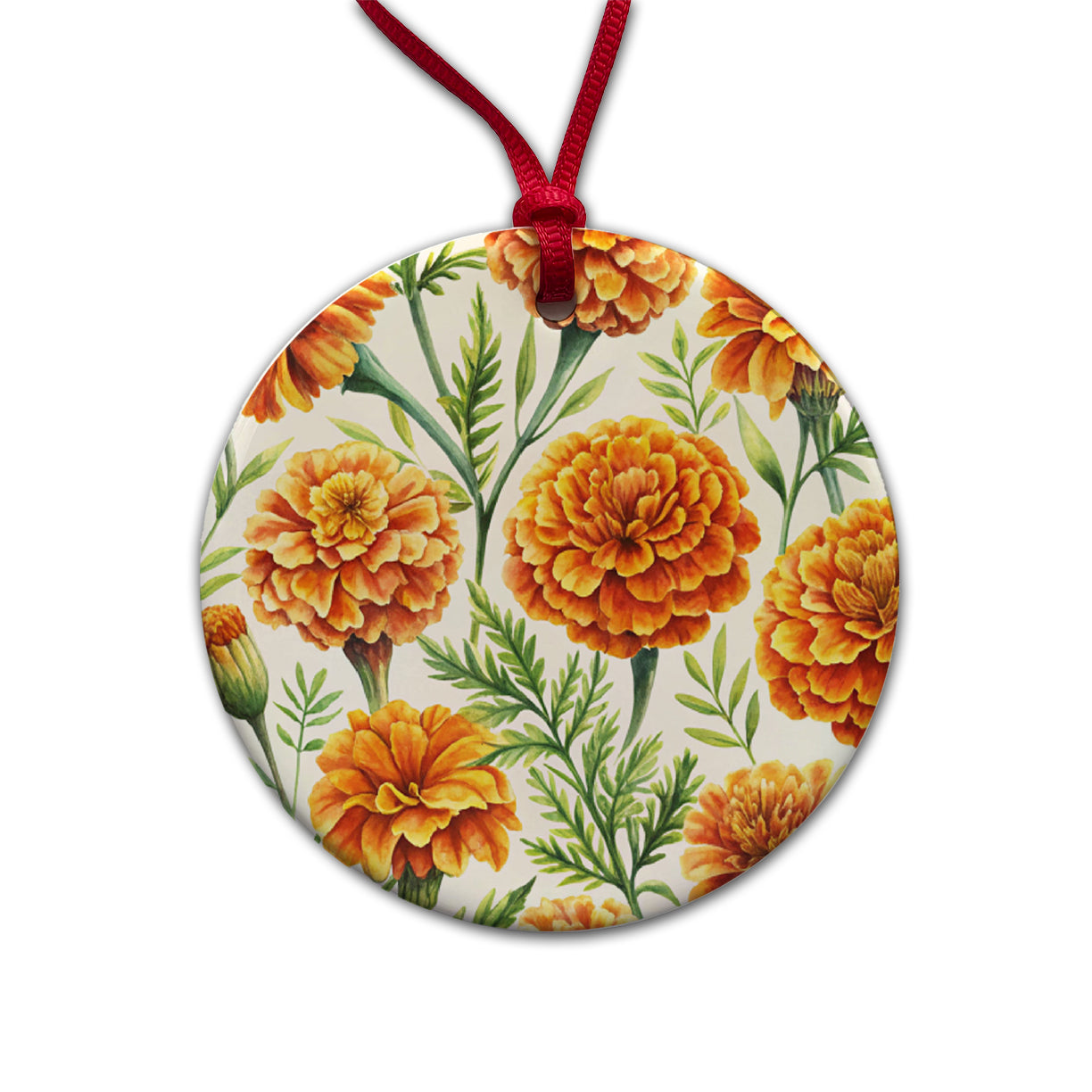 Orange Marigolds Flowers Watercolor Round Ceramic Holiday Christmas Tree Ornament
