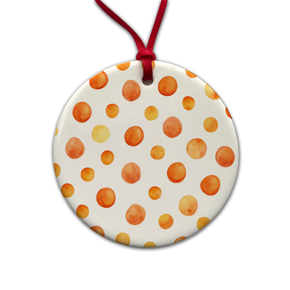 Orange Polka Dots Fun White Background Round Ceramic Holiday Christmas Tree Ornament
