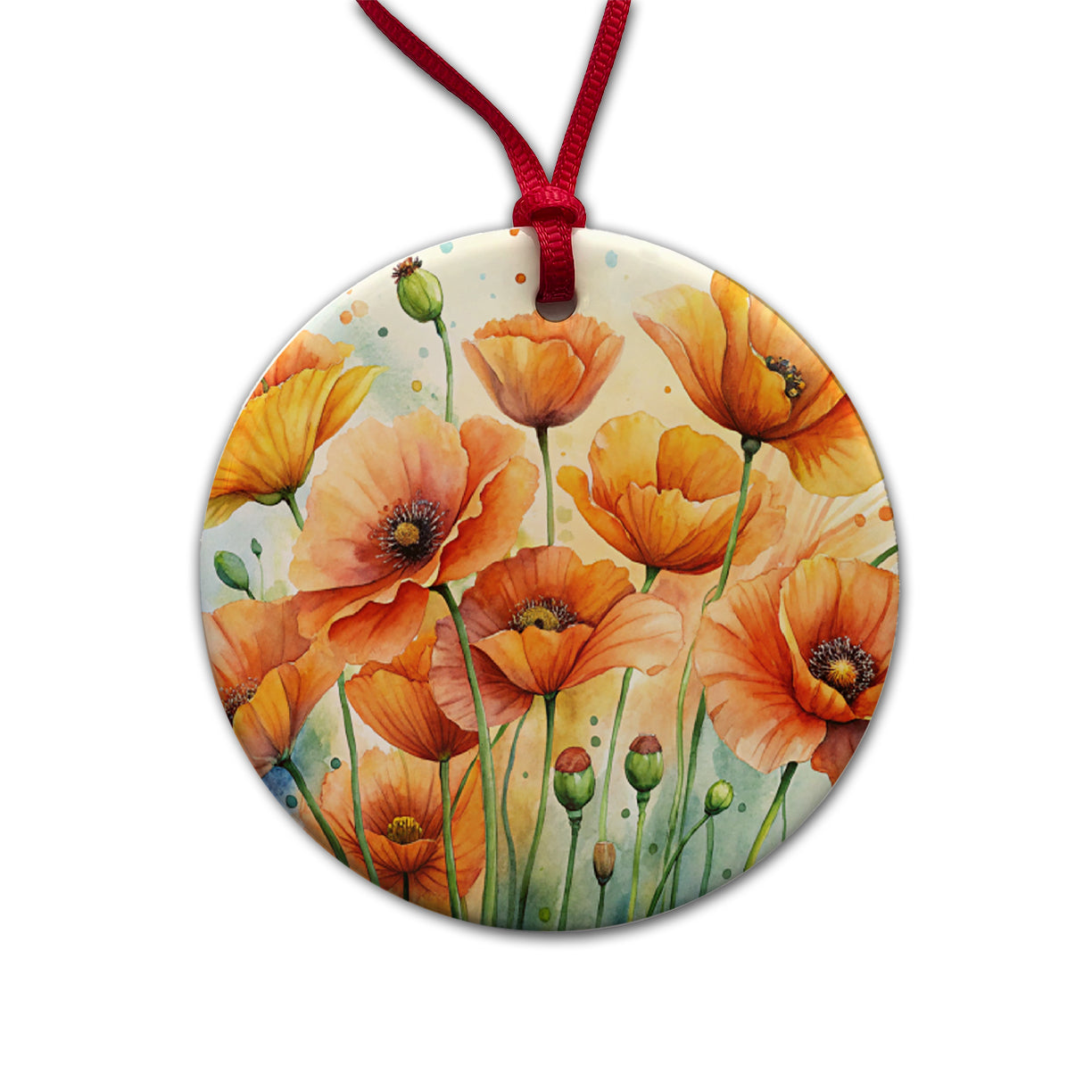 Orange Poppies Flowers Watercolor Round Ceramic Holiday Christmas Tree Ornament