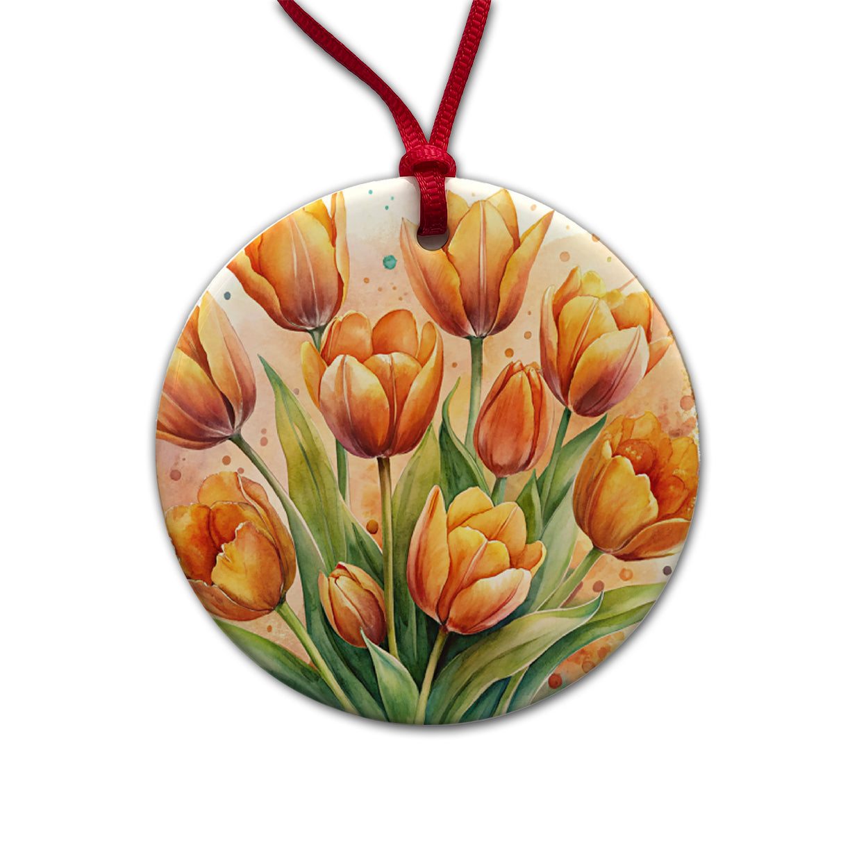 Orange Tulips Flowers Watercolor Round Ceramic Holiday Christmas Tree Ornament