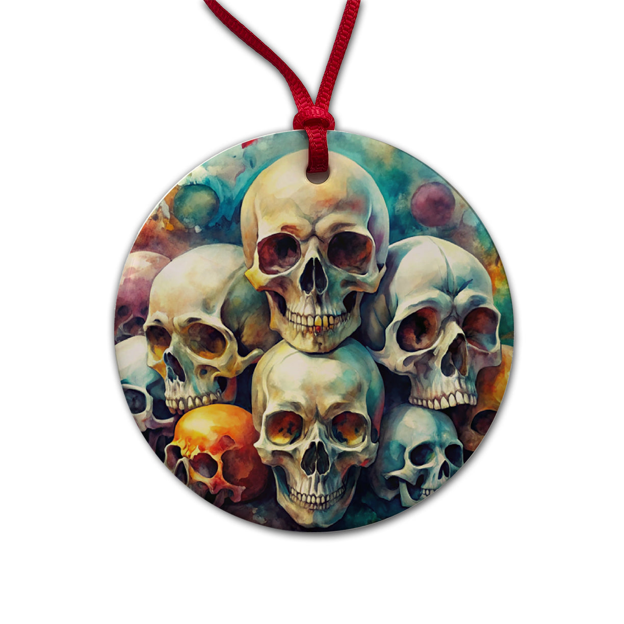 Overlapping Skulls Watercolor Round Ceramic Holiday Christmas Tree Ornament