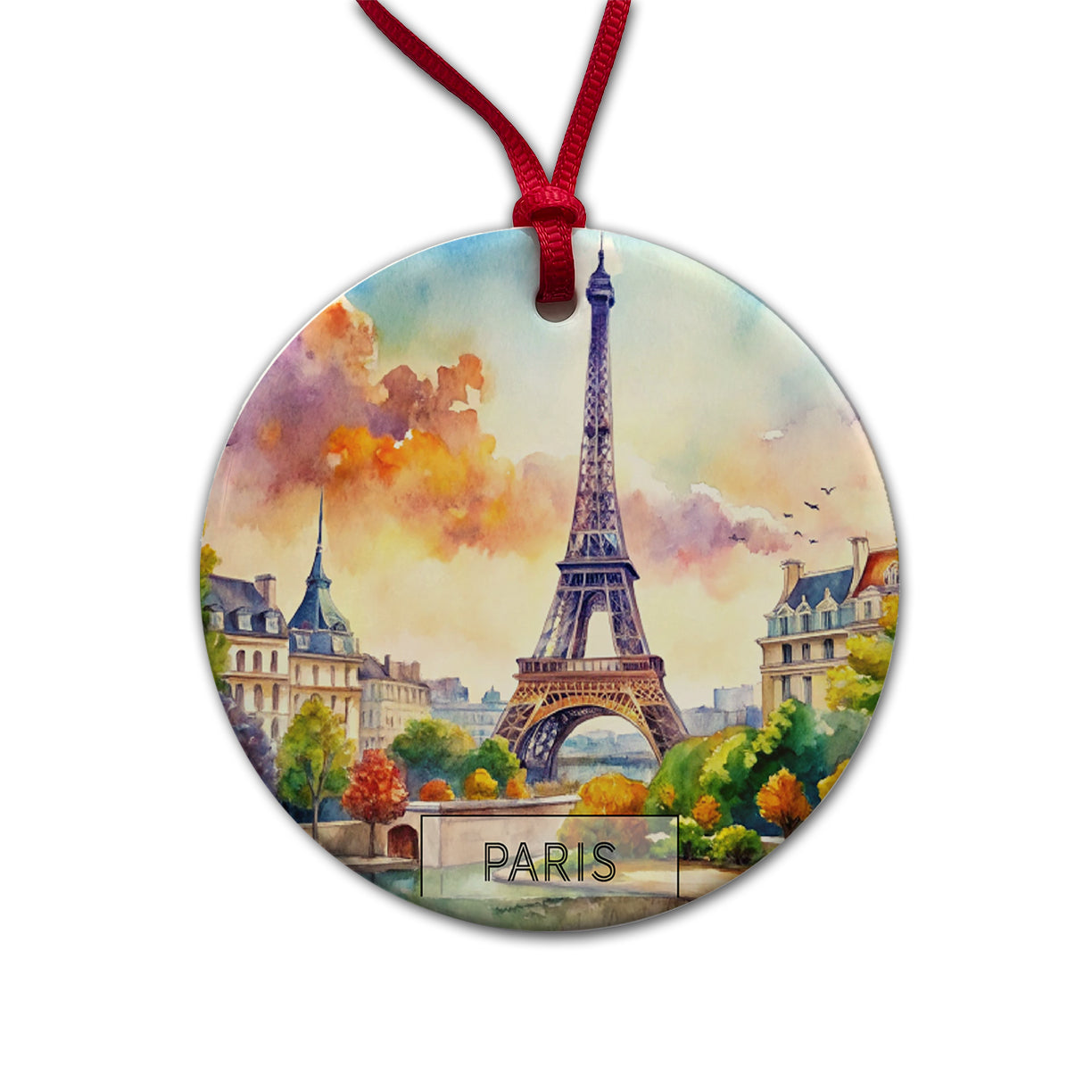 Paris France Eiffel Tower Travel City Watercolor Round Ceramic Holiday Christmas Tree Ornament