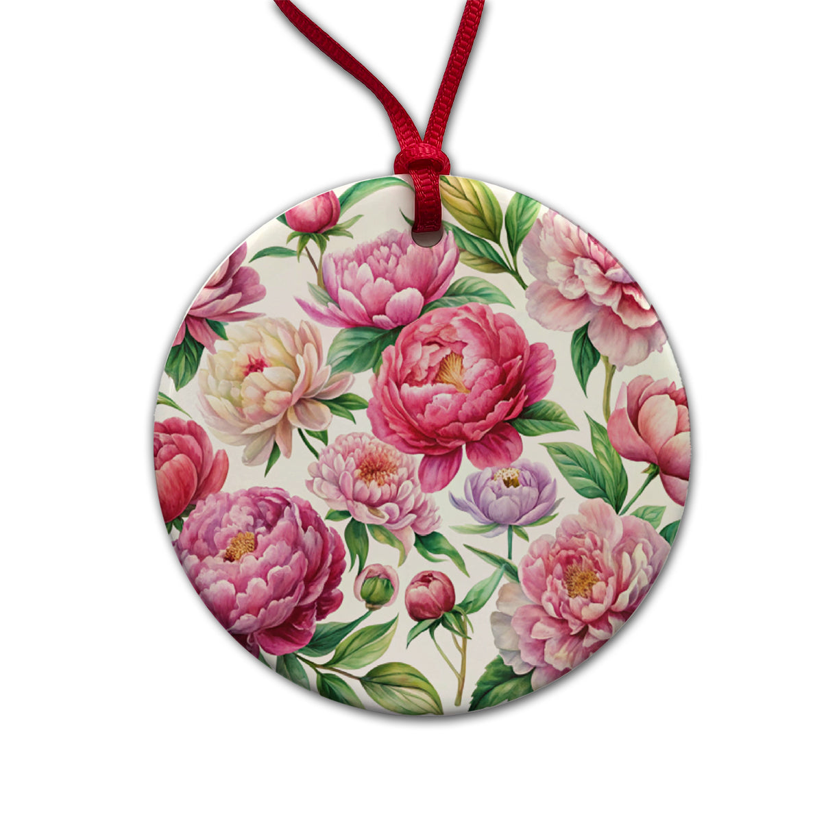 Peonies Pink Flowers Watercolor Round Ceramic Holiday Christmas Tree Ornament