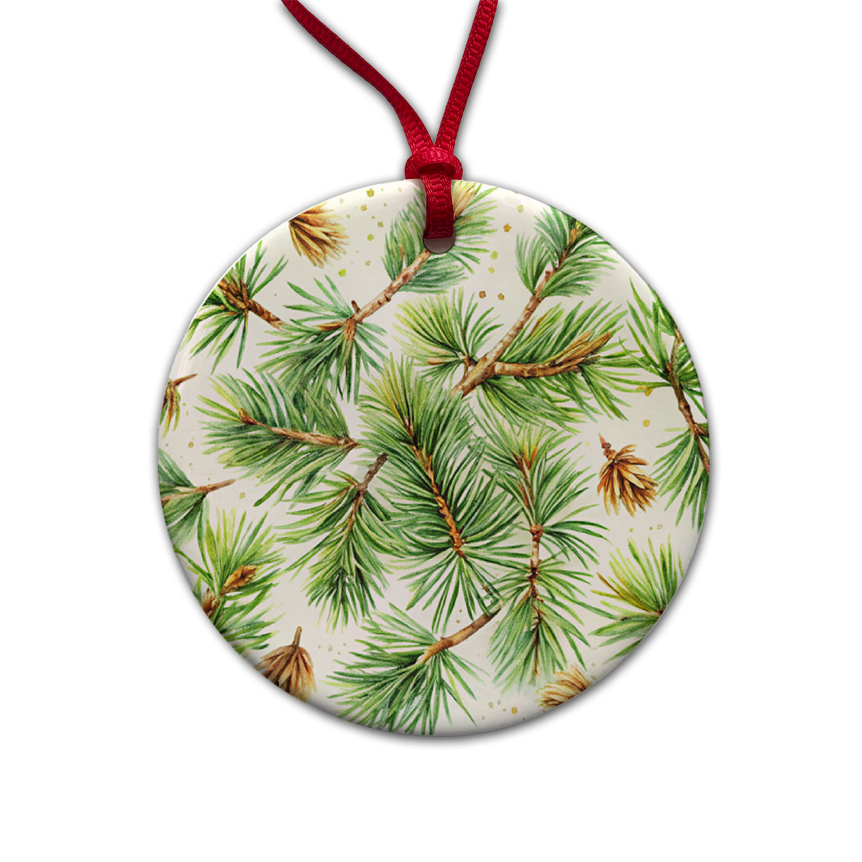 Pine Needles Watercolor Round Ceramic Holiday Christmas Tree Ornament