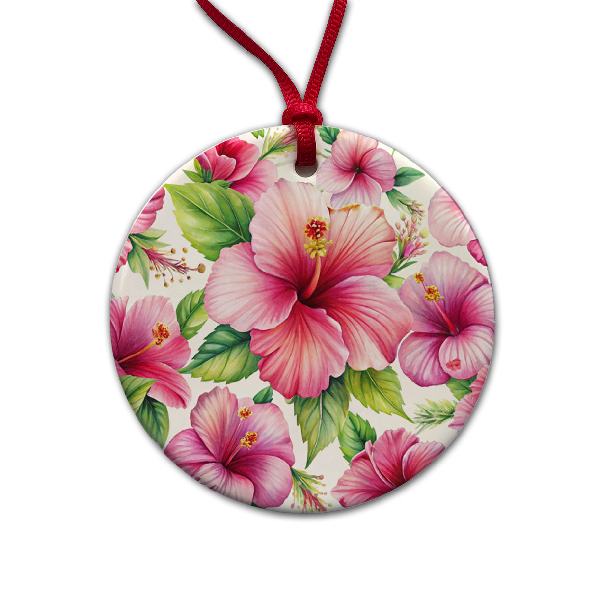Pink Hibiscus Tropical Flowers Watercolor Round Ceramic Holiday Christmas Tree Ornament