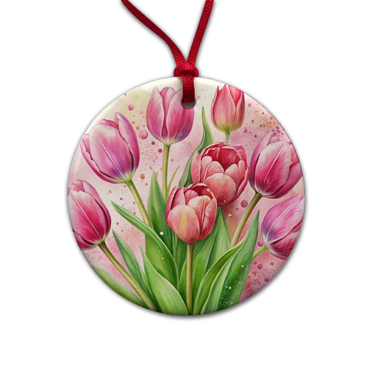 Pink Tulips Flowers Watercolor Round Ceramic Holiday Christmas Tree Ornament