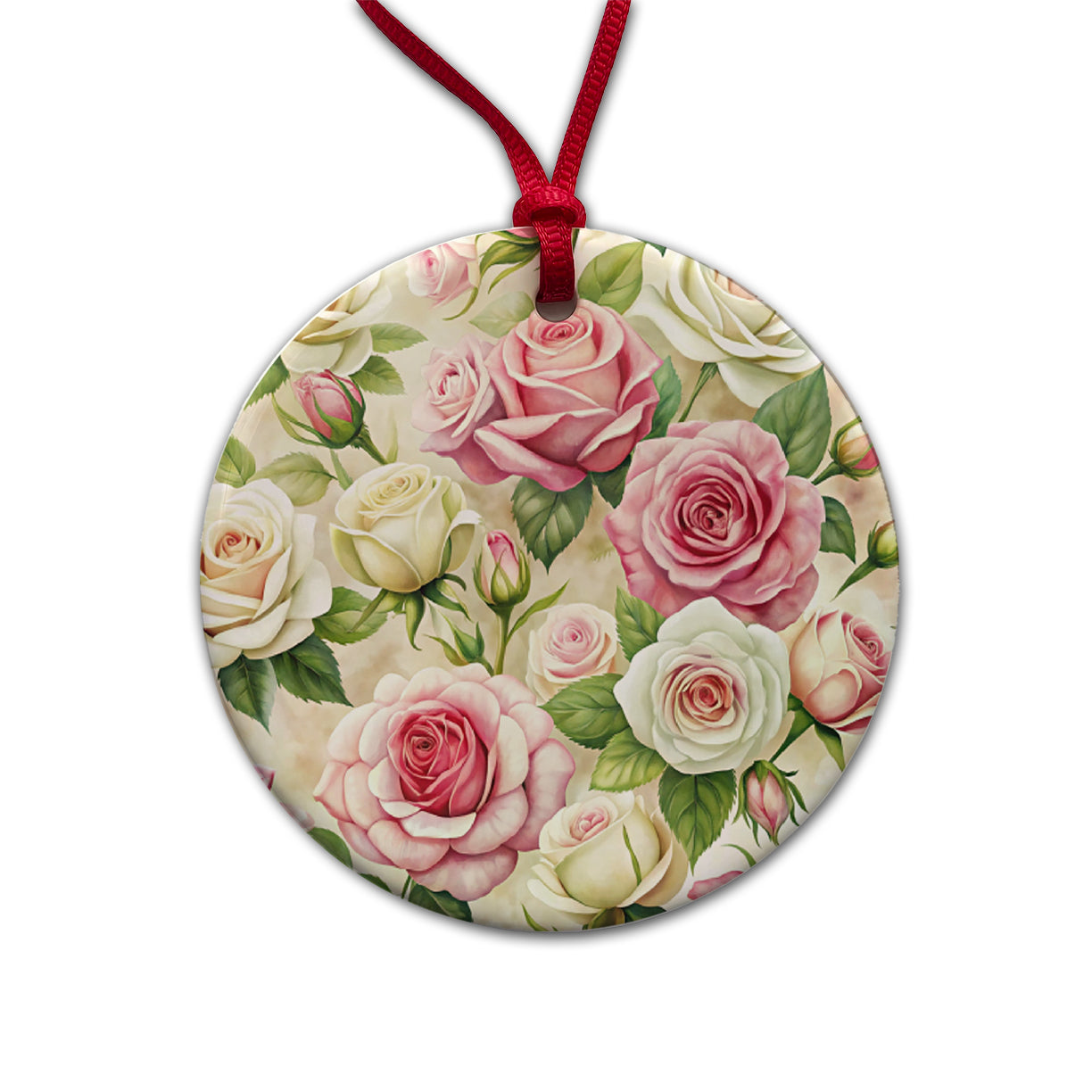Pink White Roses Flowers Watercolor Round Ceramic Holiday Christmas Tree Ornament