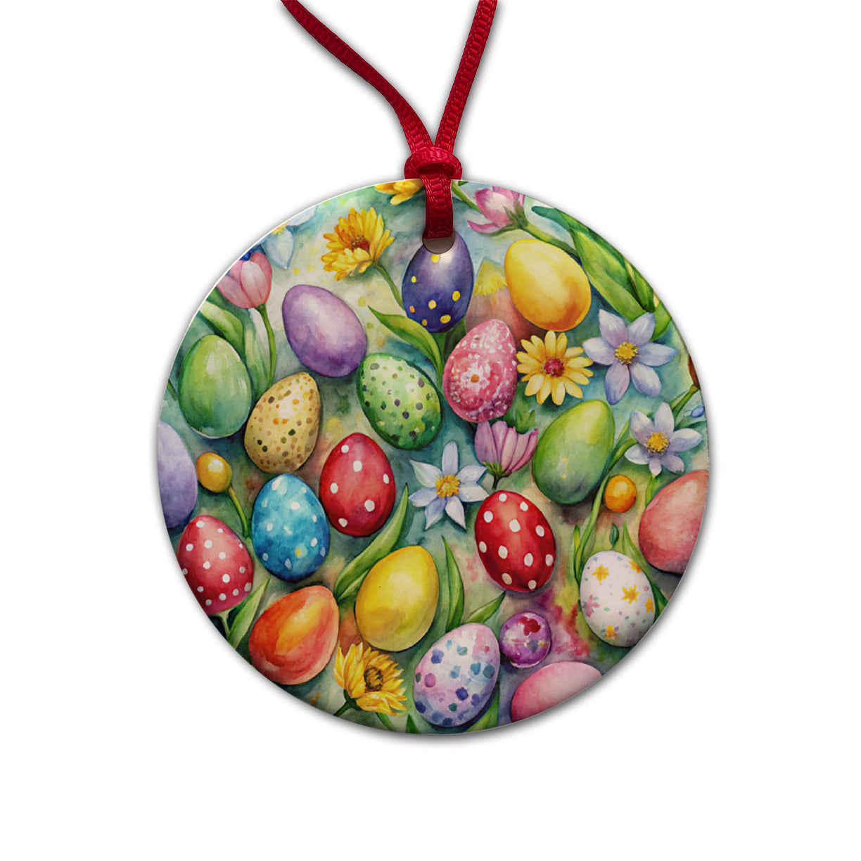 Pretty Easter Eggs Flowers Watercolor Round Ceramic Holiday Christmas Tree Ornament
