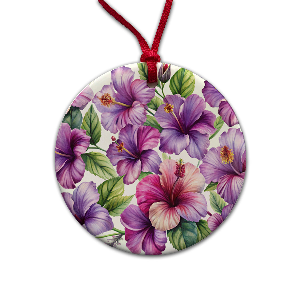 Purple Hibiscus Flowers Watercolor Round Ceramic Holiday Christmas Tree Ornament