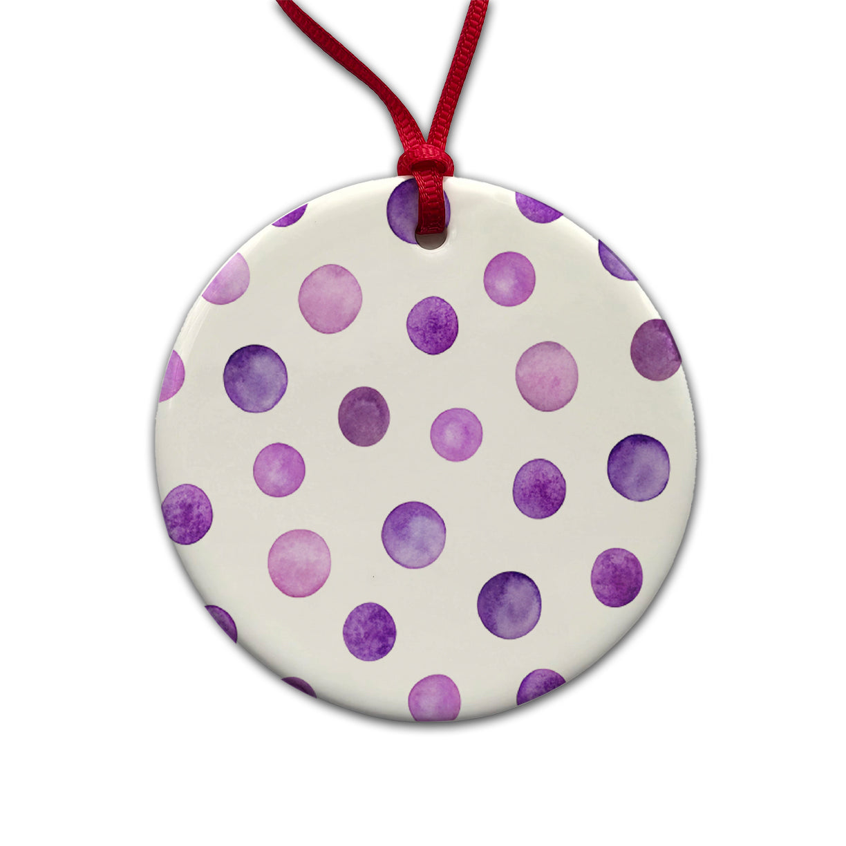Purple Polka Dots Fun White Background Round Ceramic Holiday Christmas Tree Ornament