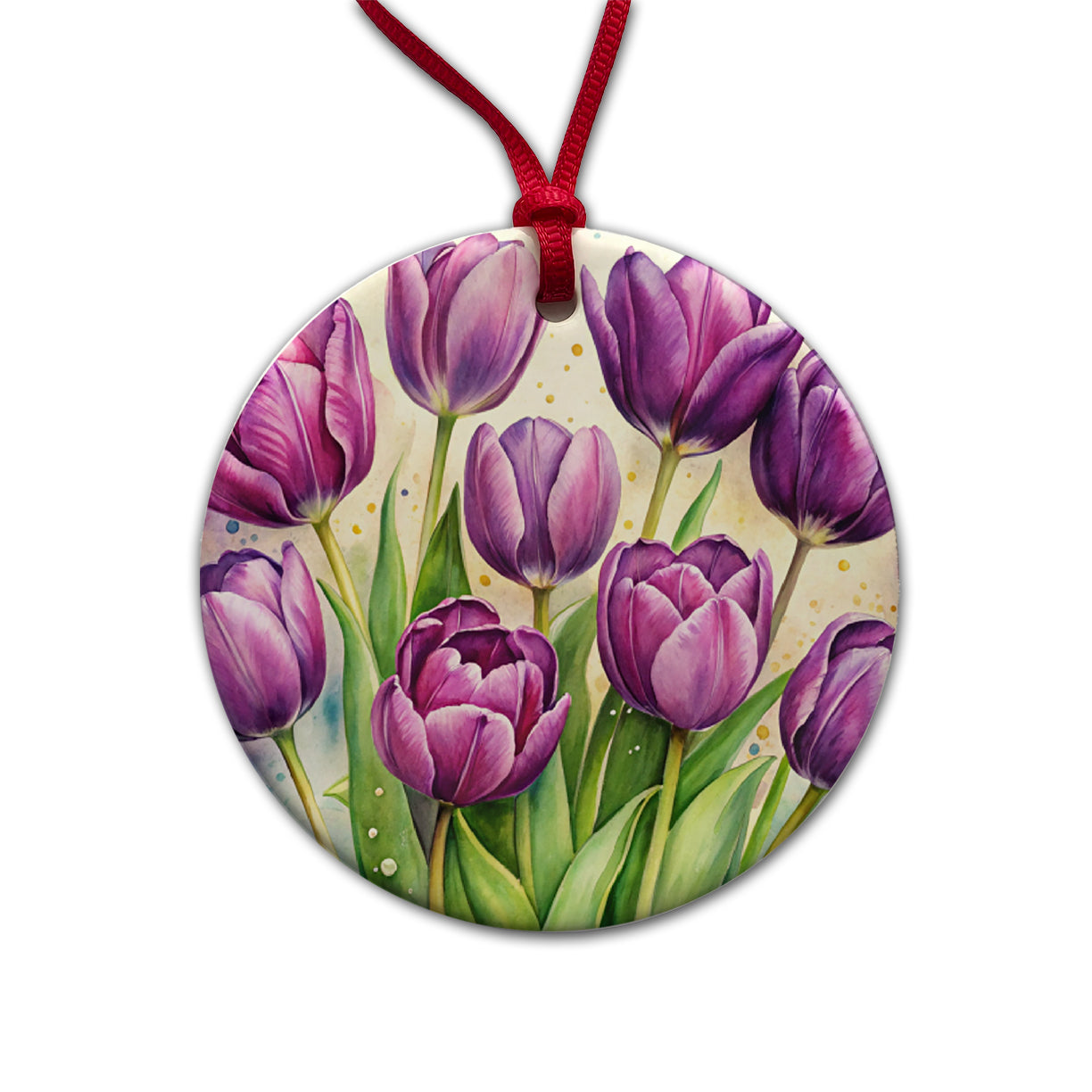 Purple Tulips Flowers Watercolor Round Ceramic Holiday Christmas Tree Ornament
