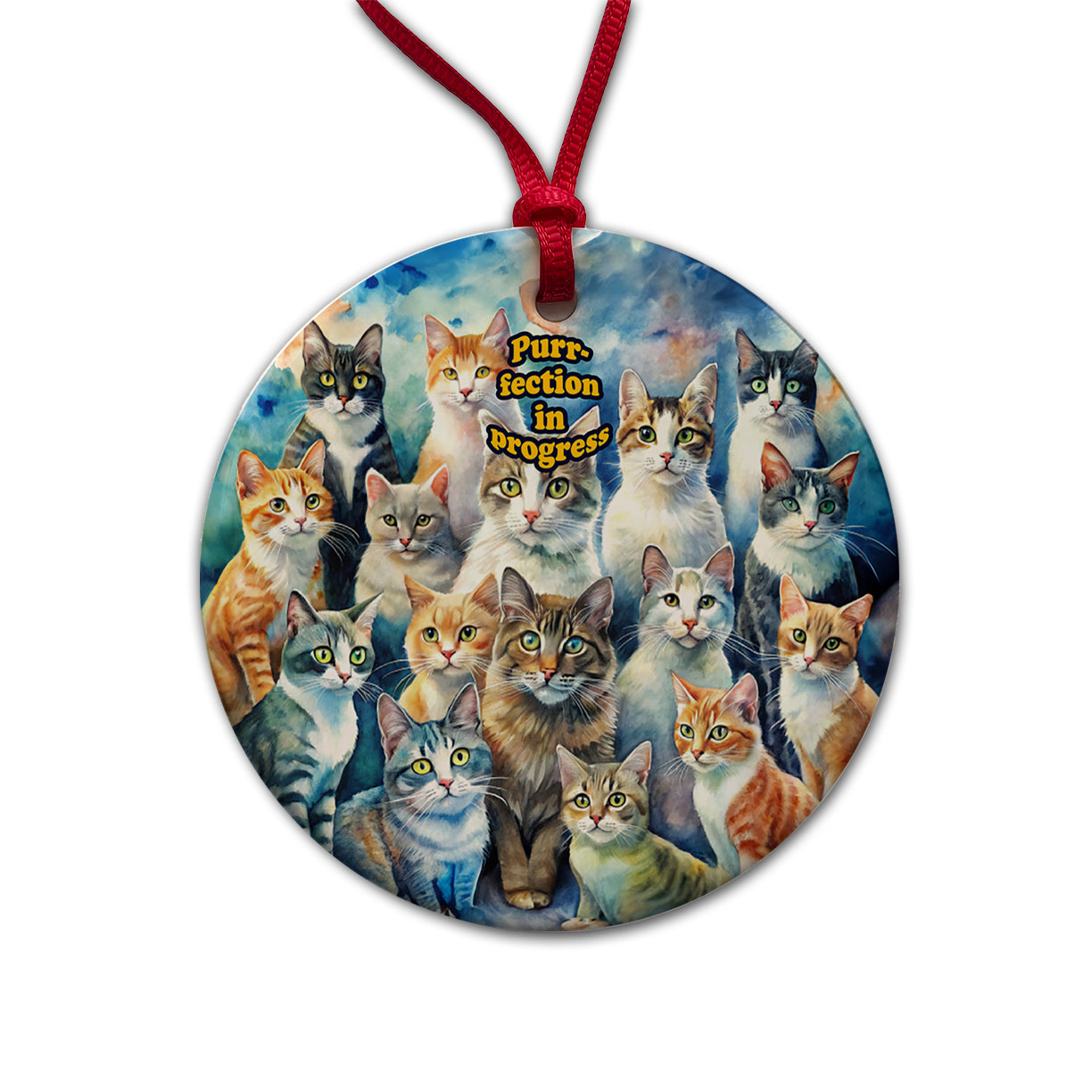 Purrfection Perfection In Progress Cats Lover Funny Round Ceramic Holiday Christmas Tree Ornament